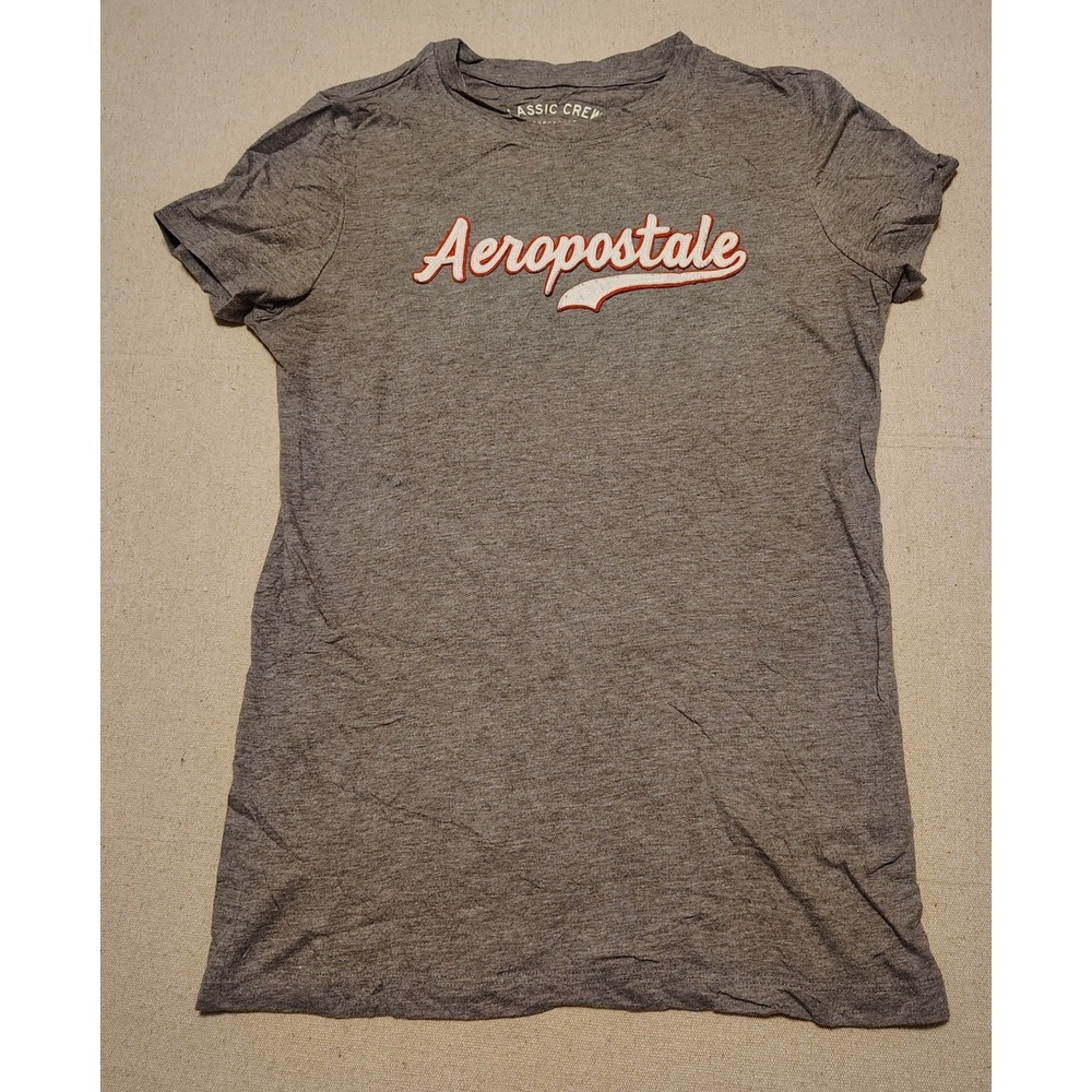 Aeropostale Womens Classic‎ Crew Neck T-Shirt Gray Heather Orange Logo Medium 23